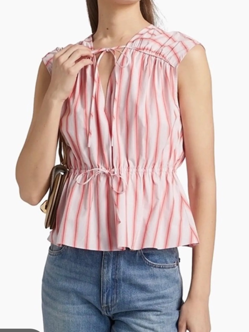 Derek Lam 10 Crosby Benibana Cotton Pink & Coral Striped Tie-Front Cap Shirt top